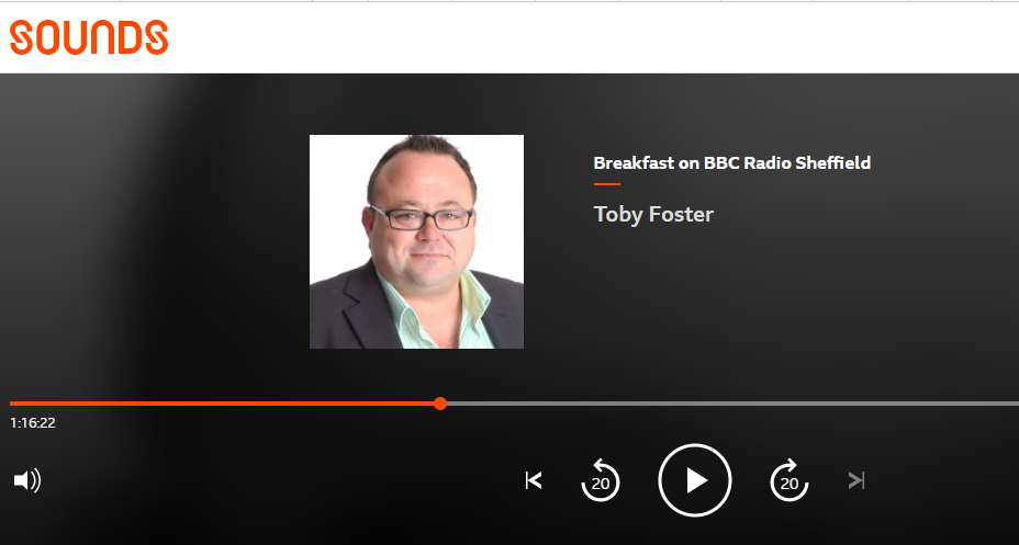 Screenshot of Toby Foster on BBC Sheffield (BBC Sounds)